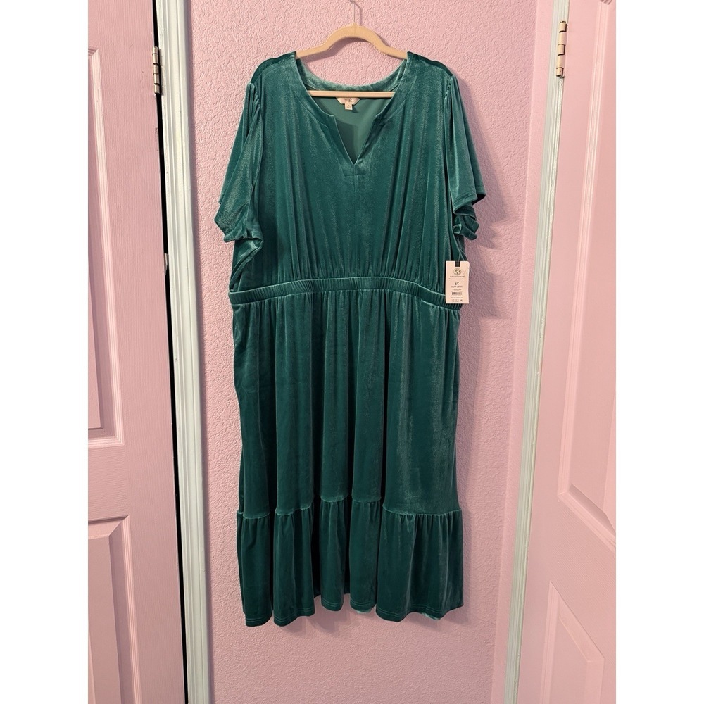 Terra & Sky Midi Dress Size 3X Pockets Tiered Flutter Sleeve Emerald Velvet NWT
